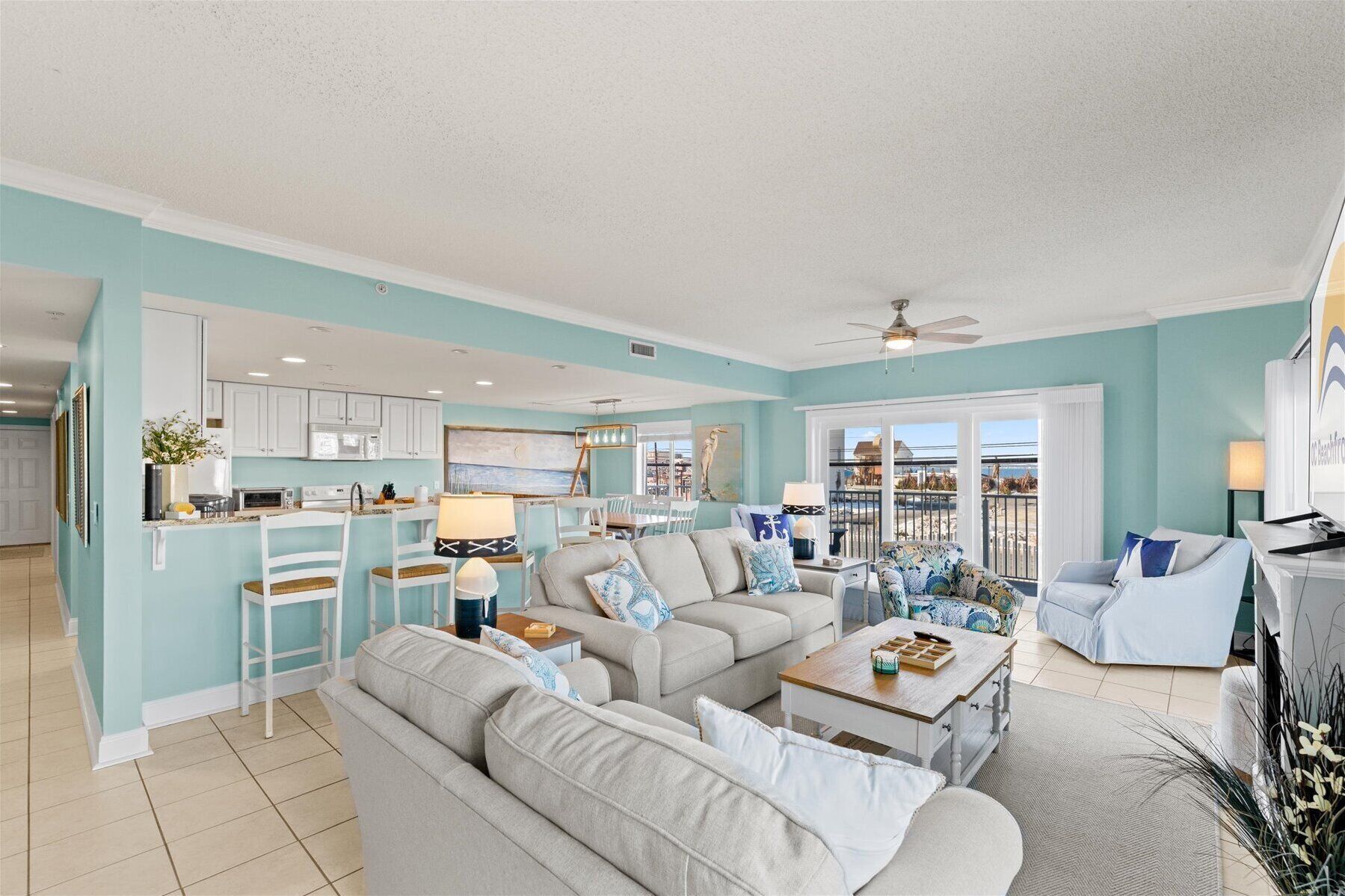 Smart TV, fireplace, books