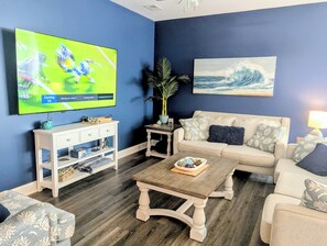 Smart TV, DVD player, video library, stereo