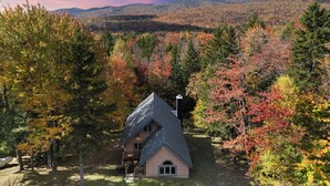 A house with a steeply pitched roof, surrounded by a forest with autumn foliage.
