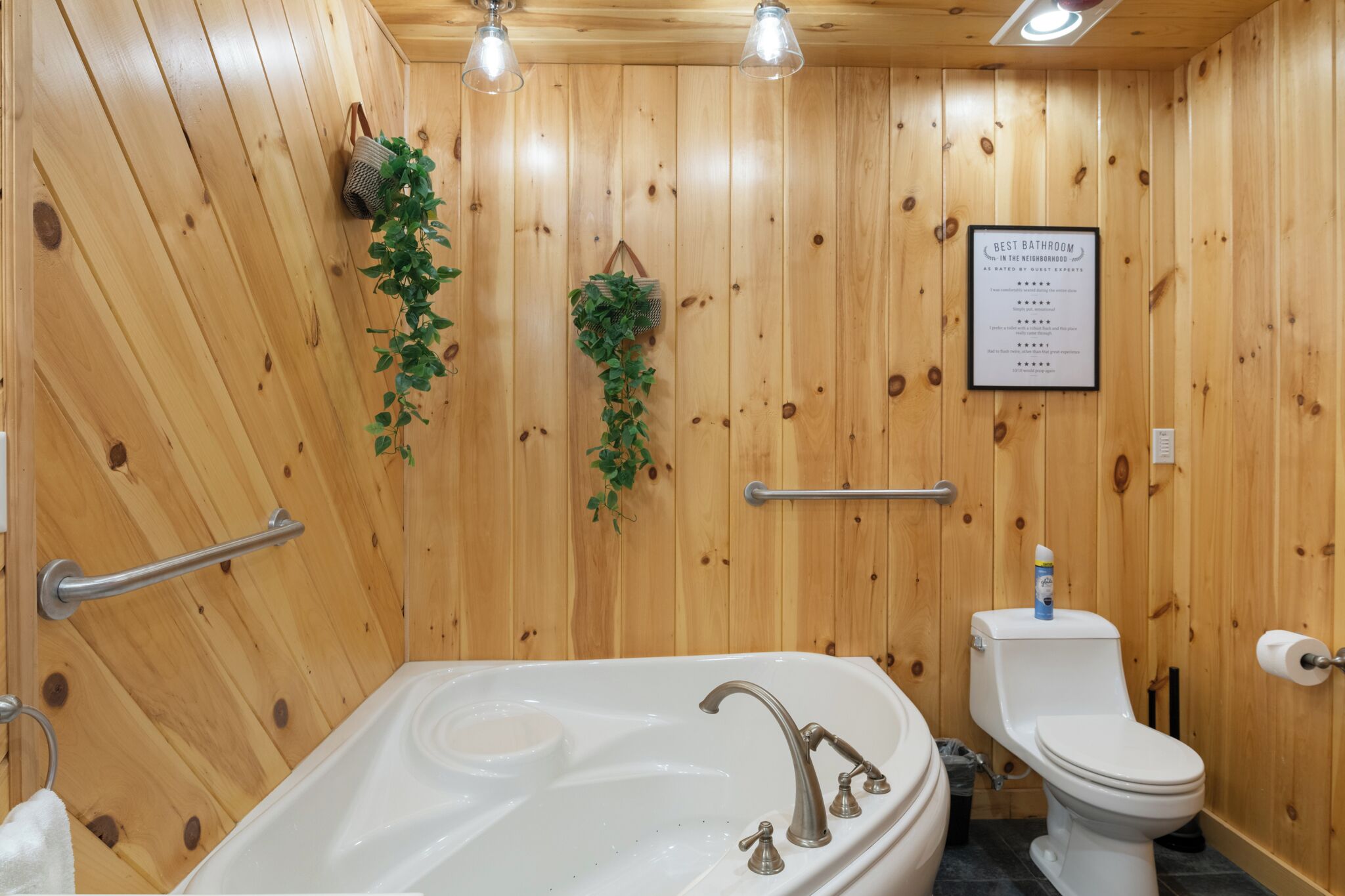 Un baño con paneles de madera, bañera, inodoro y barras de apoyo.