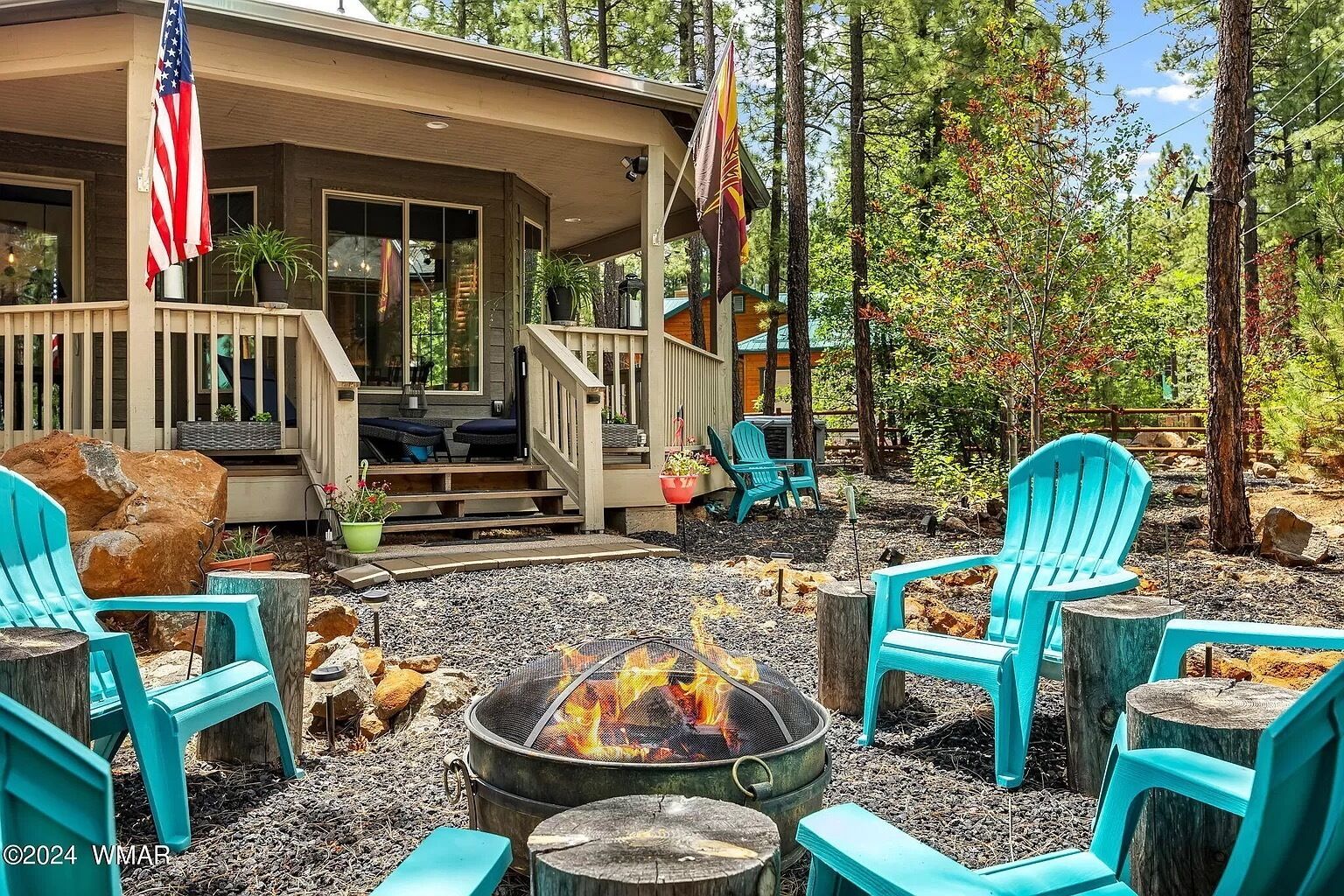 Outdoor genuine wood burning fire pit for year-round use.  Seating for 8