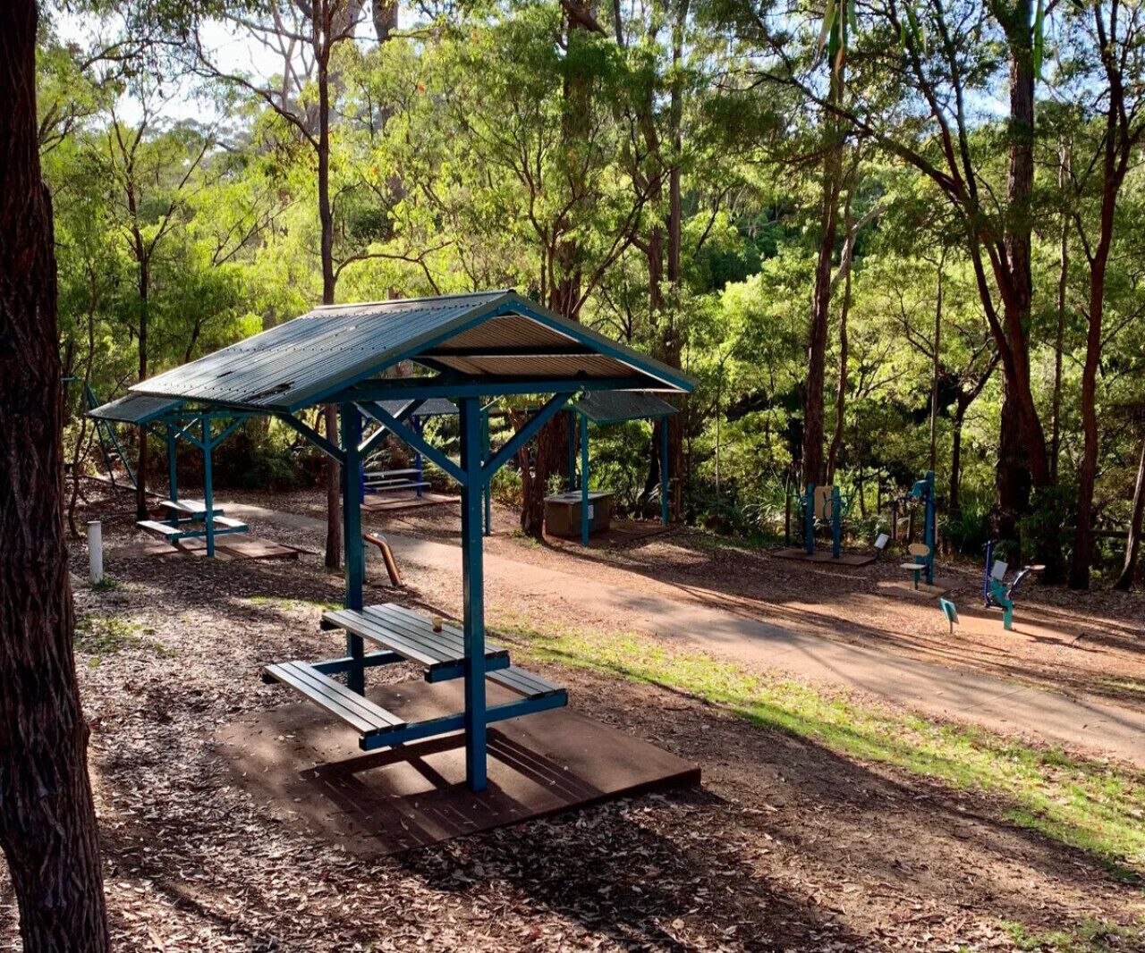 A park with a covered picnic area, benches, and exercise equipment.