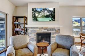 Smart TV, fireplace, video library