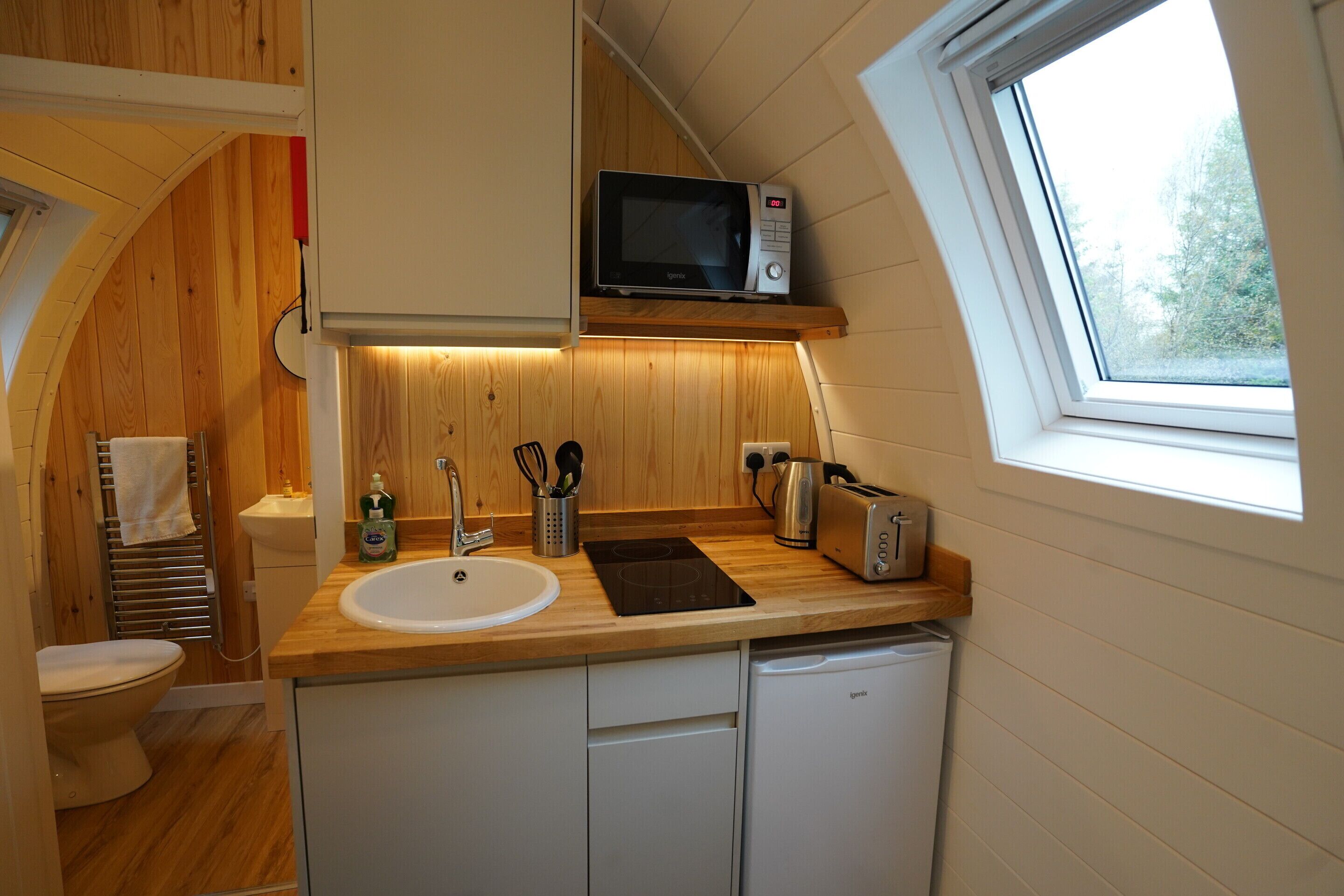 Fridge, microwave, stovetop, electric kettle