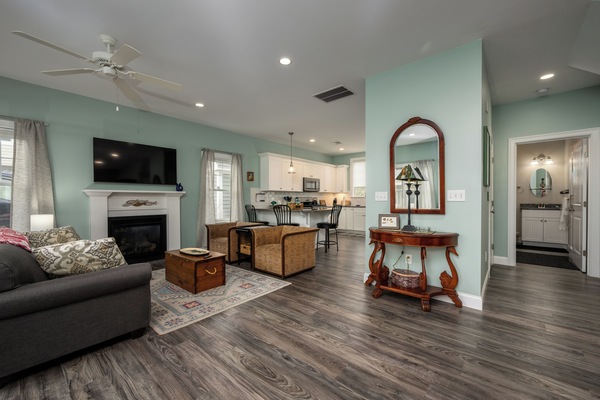 Open concept living room with queen pull out sofa