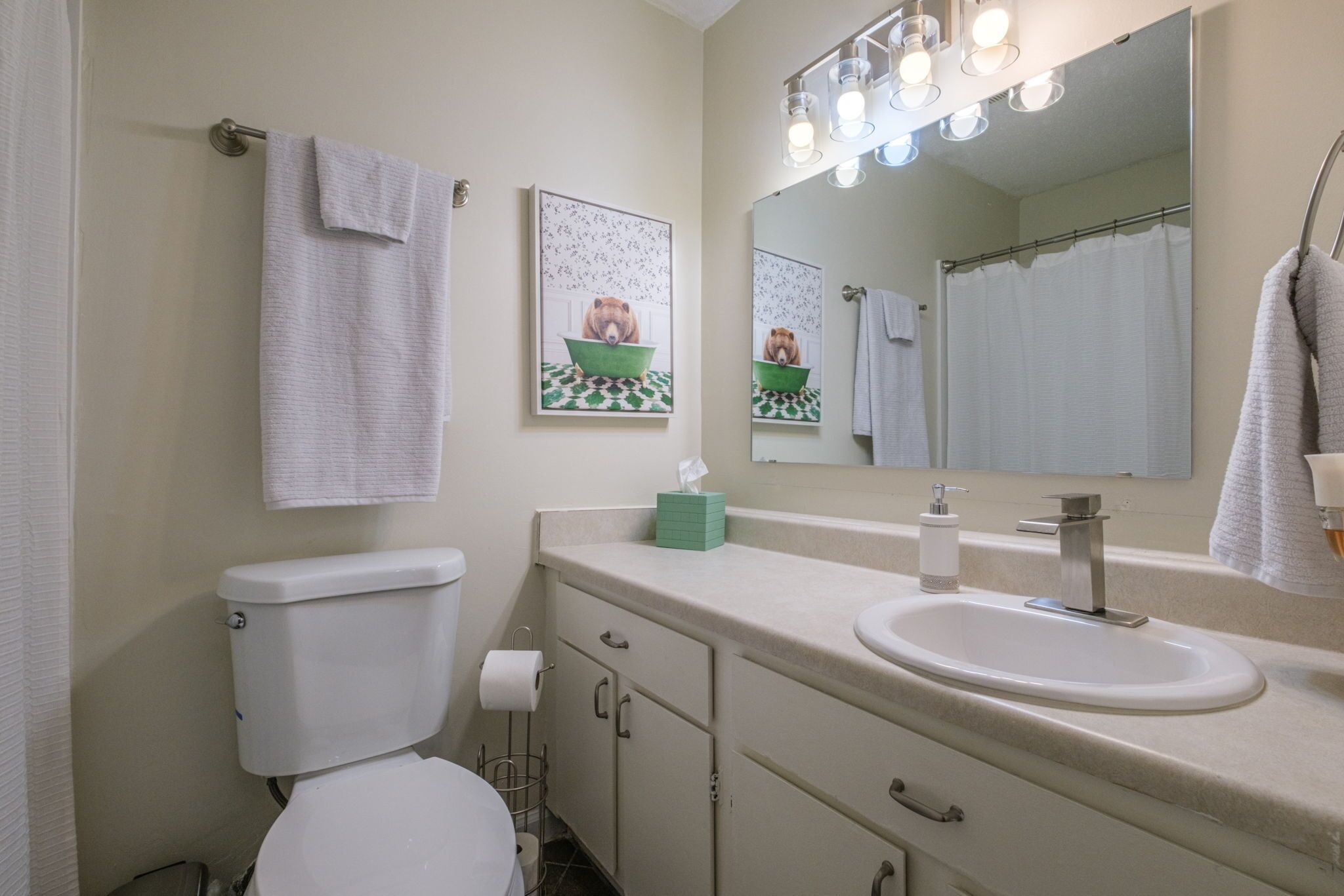 Hair dryer, towels, soap, shampoo