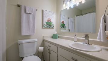 Hair dryer, towels, soap, shampoo