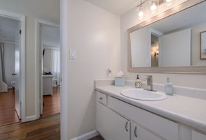 Hair dryer, towels, soap, shampoo