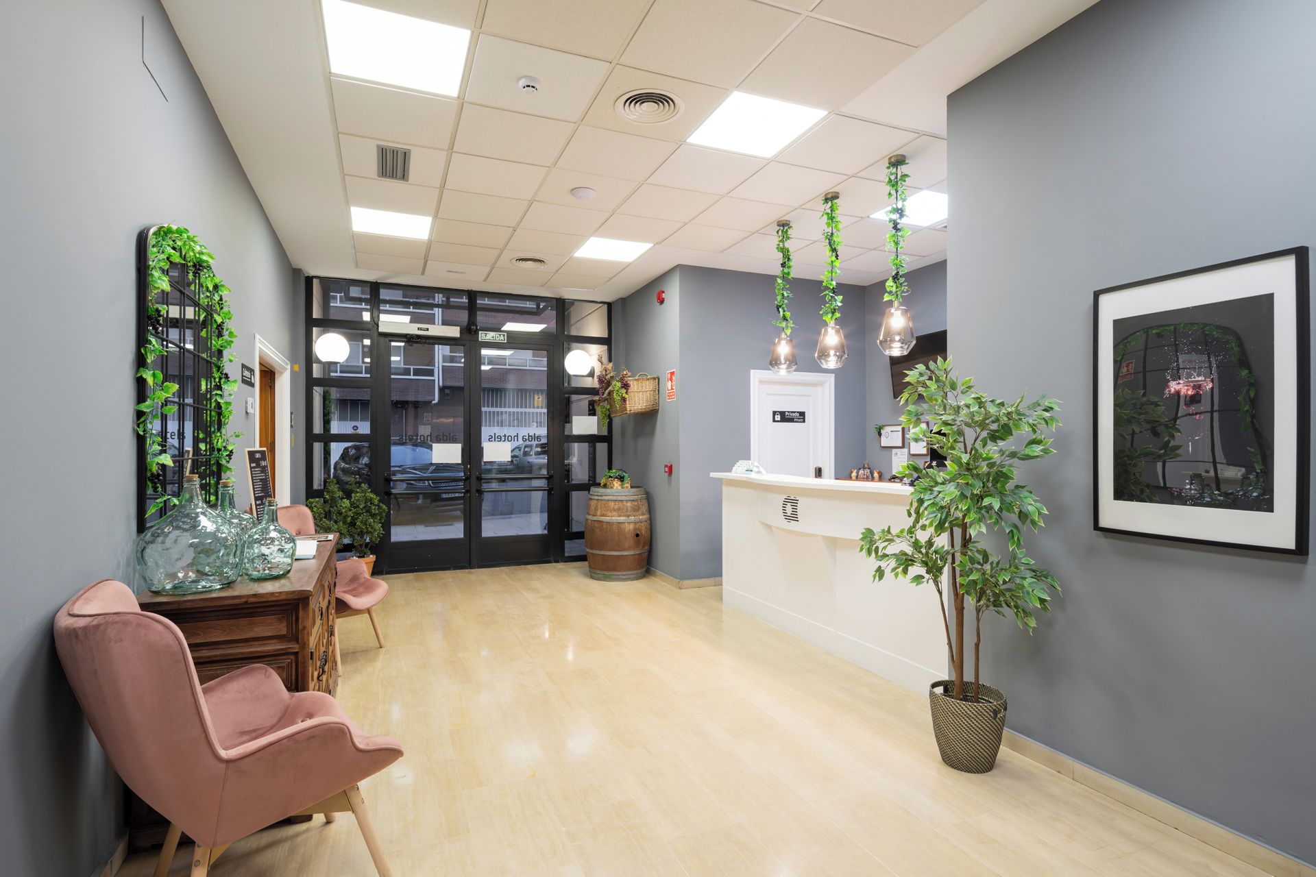 Un área de recepción con un mostrador de madera, una silla rosa y una planta en maceta.