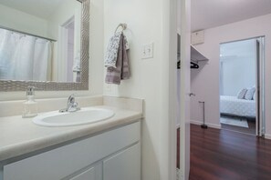 Hair dryer, towels, soap, shampoo
