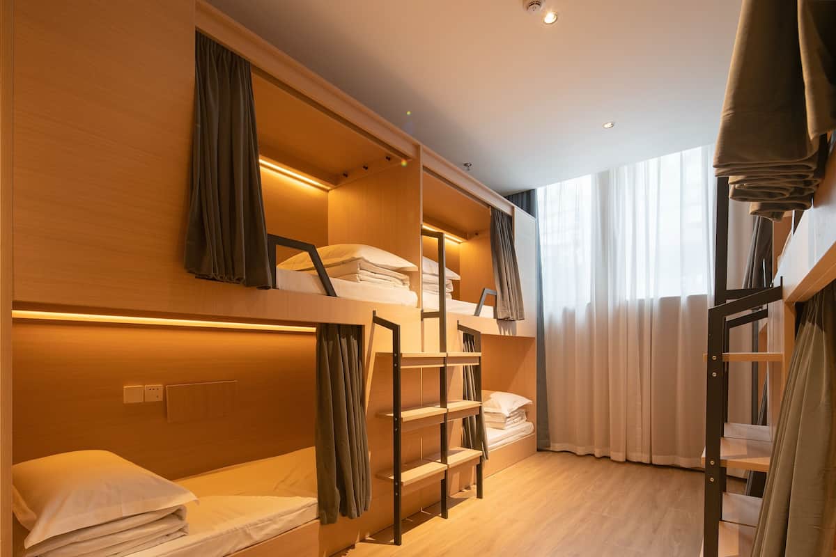 A bunk bed room with wooden walls, a ladder, and a shelf.