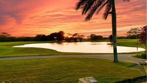 A golf course with a pond, palm trees, and a sunset.