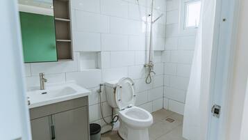 Regadera, secadora de cabello, bidet, toallas