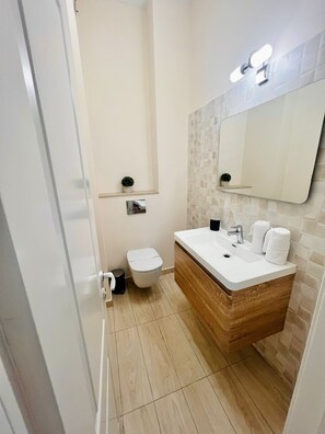 Hair dryer, towels, soap, shampoo