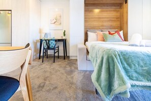 1 bedroom, desk, iron/ironing board, travel cot