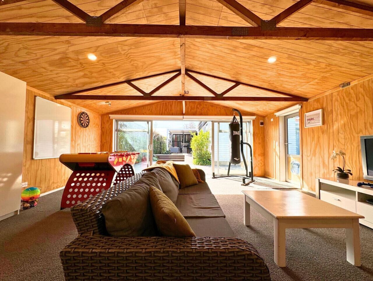 Smart TV, fireplace, video games, table football