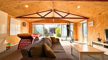 Smart TV, fireplace, video games, foosball