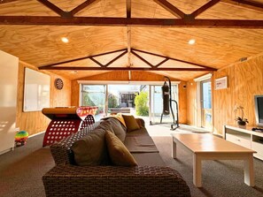 Smart TV, fireplace, video games, table football