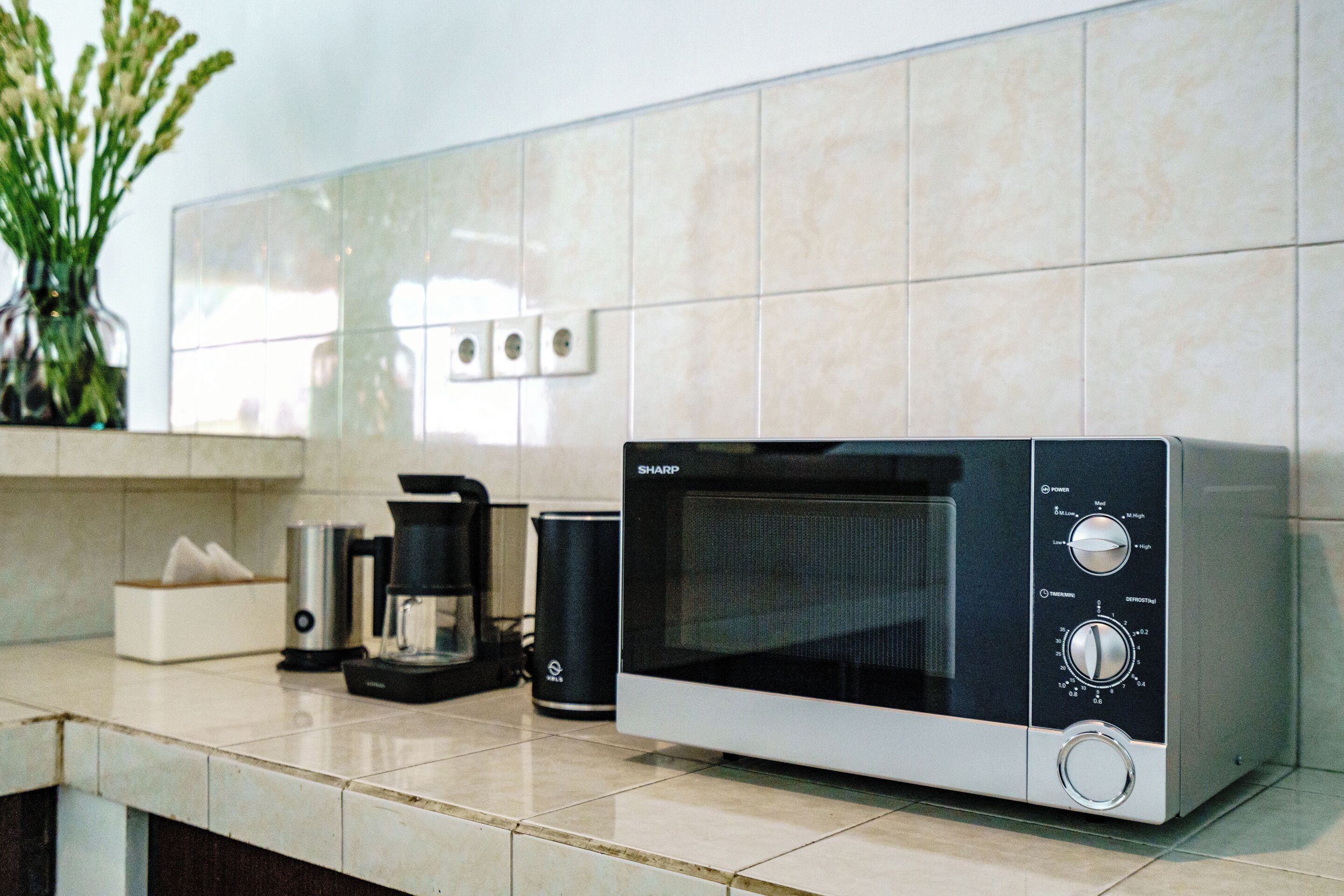 A kitchen with a microwave, coffee maker, and a plant on the counter.