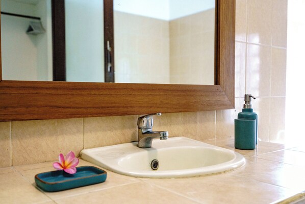 Un lavabo dans la salle de bain, avec un miroir au-dessus, une fleur posée sur le comptoir et un distributeur de savon.