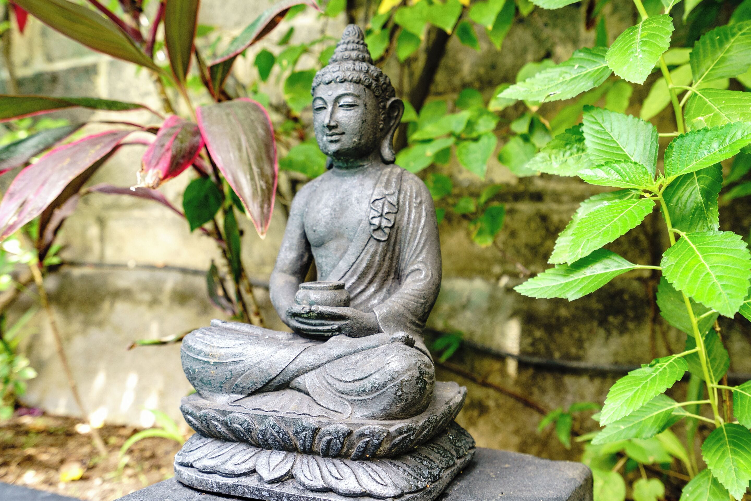 En sten Buddhastatue i en have.