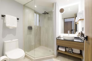 Chuveiro, secador de cabelo, toalhas de banho, shampoo