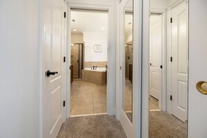 Shower, jetted tub, hair dryer, towels