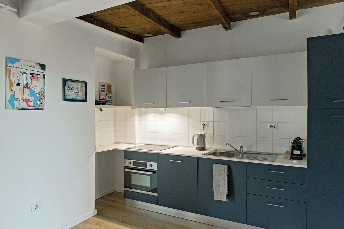 A modern kitchen with white and blue cabinets, a built-in oven, and a sink.