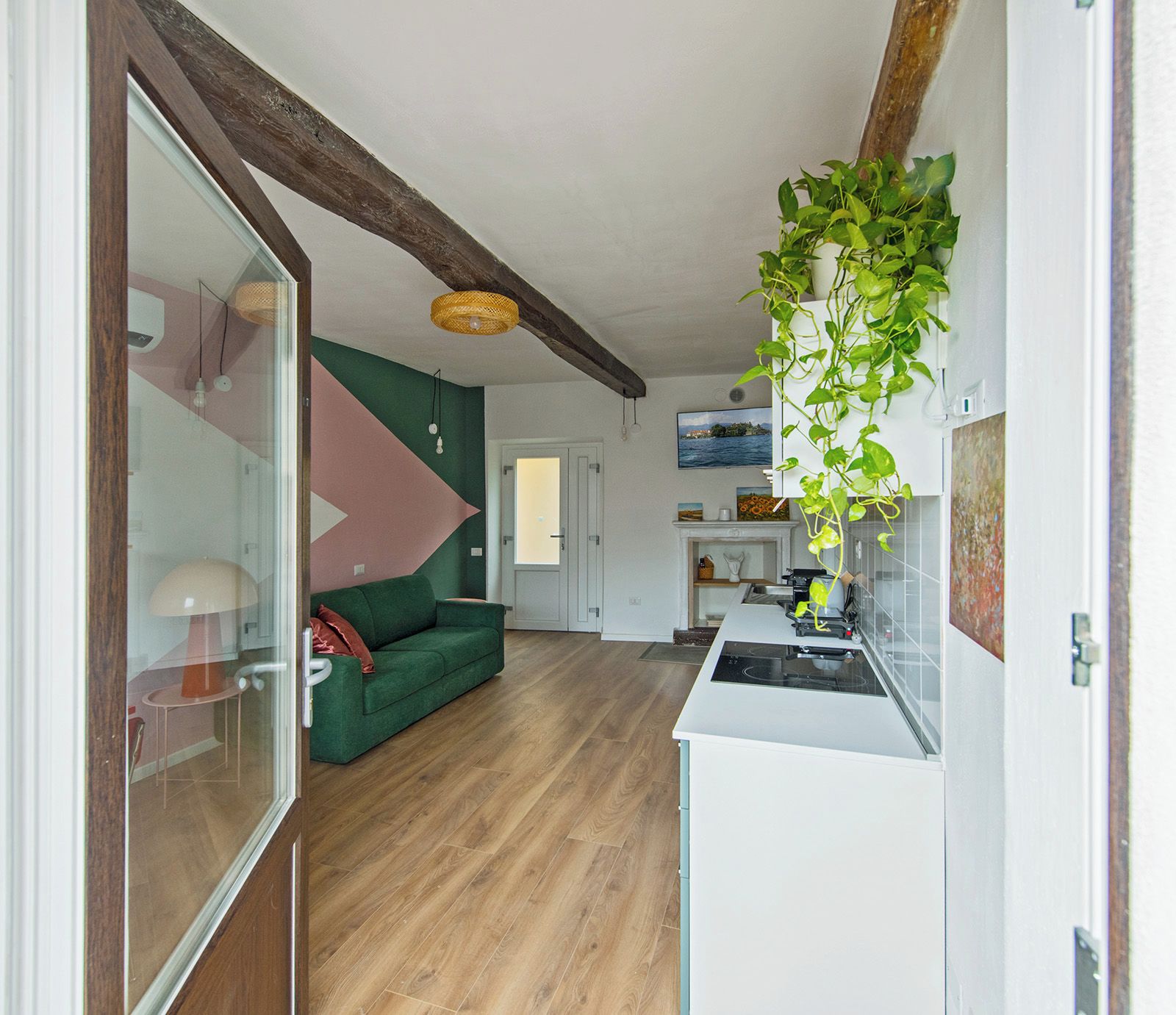 Una cocina moderna con encimera blanca y una planta colgante.