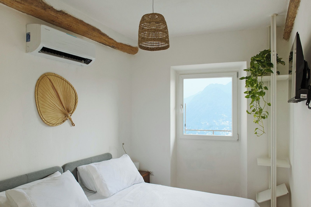 A bedroom with a bed, an air conditioning unit, a wicker wall hanging, a window with a view of mountains, and a plant on a shelf.