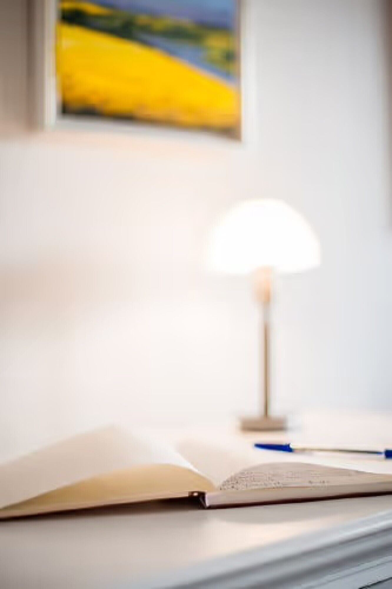 Ein offenes Buch auf einer weißen Fläche, im Hintergrund steht eine Lampe.