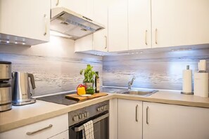 Fridge, oven, stovetop, coffee/tea maker