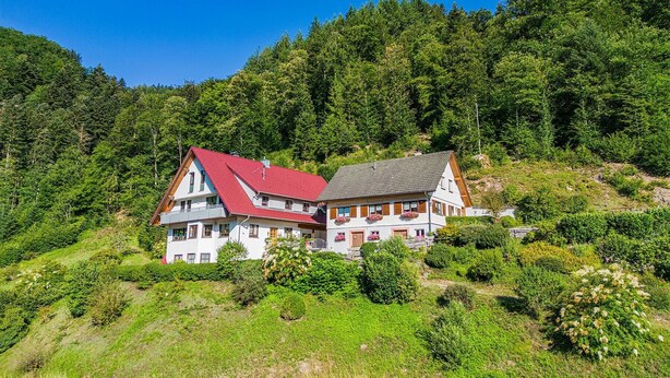 A two-story house with a red roof, surrounded by lush greenery and hills.