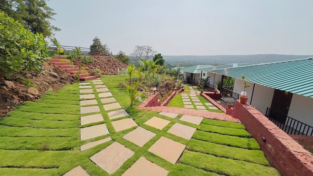 A landscaped garden with a paved walkway, a small pond, and a building with a green roof.