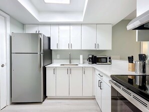 Frigorífico, microondas, horno y placa de cocina