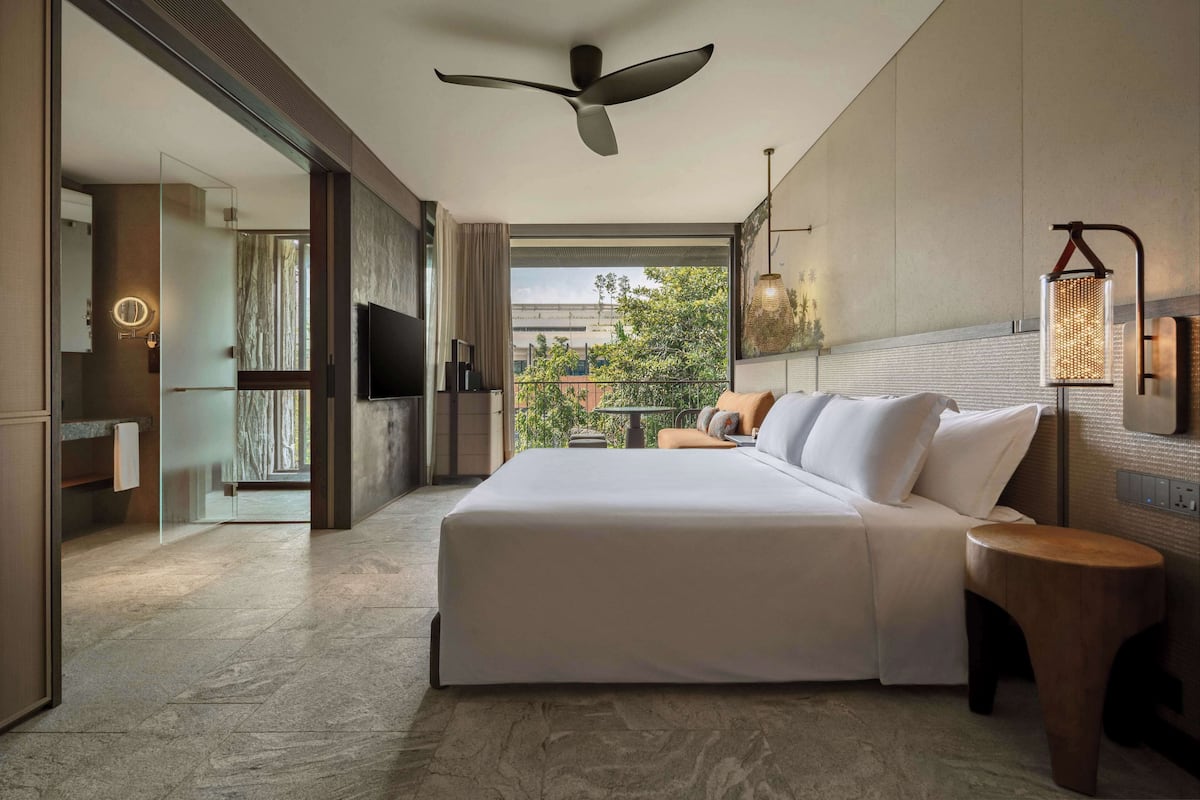 A modern bedroom with a large bed, a ceiling fan, a TV, and a balcony with a view of greenery.