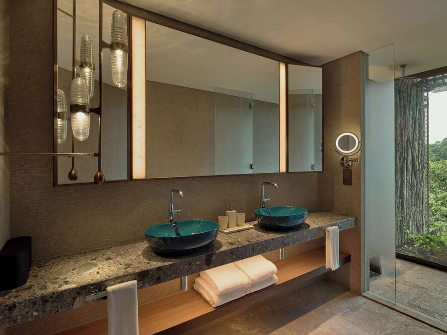 A modern bathroom with two sinks, a large mirror, and a view of greenery outside.