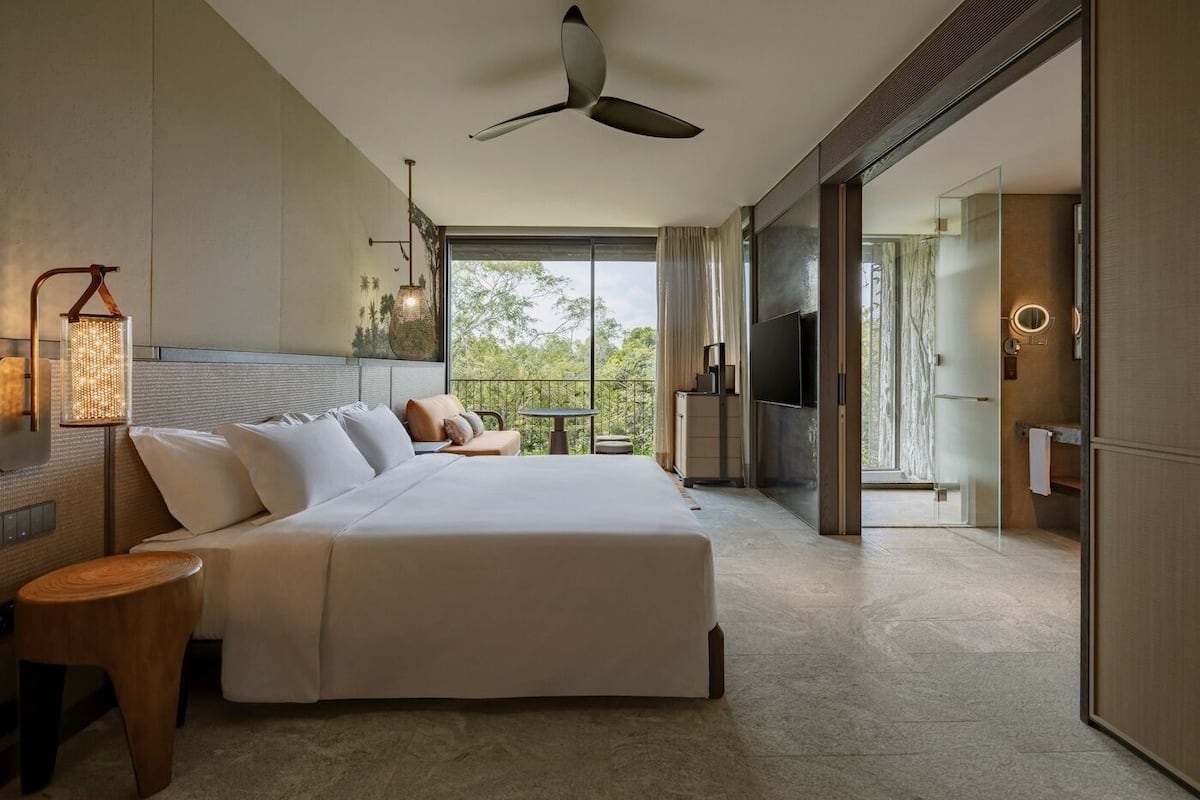 A modern hotel room with a large bed, a TV, and a balcony with a view of trees.