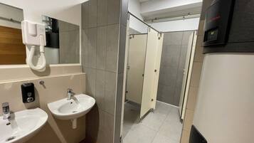 A modern bathroom with a sink, mirror, and shower stall.