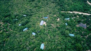 Vista aérea de una zona boscosa con varias construcciones pequeñas dispersas.