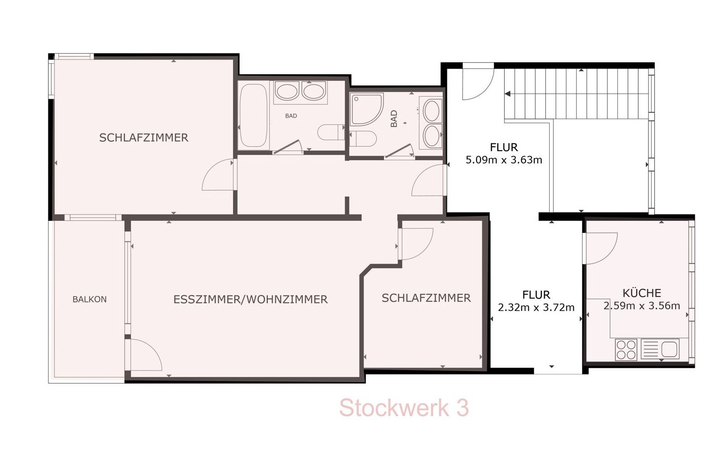 Een plattegrond van een hotel met drie slaapkamers, een woonkamer, een balkon en een keuken.