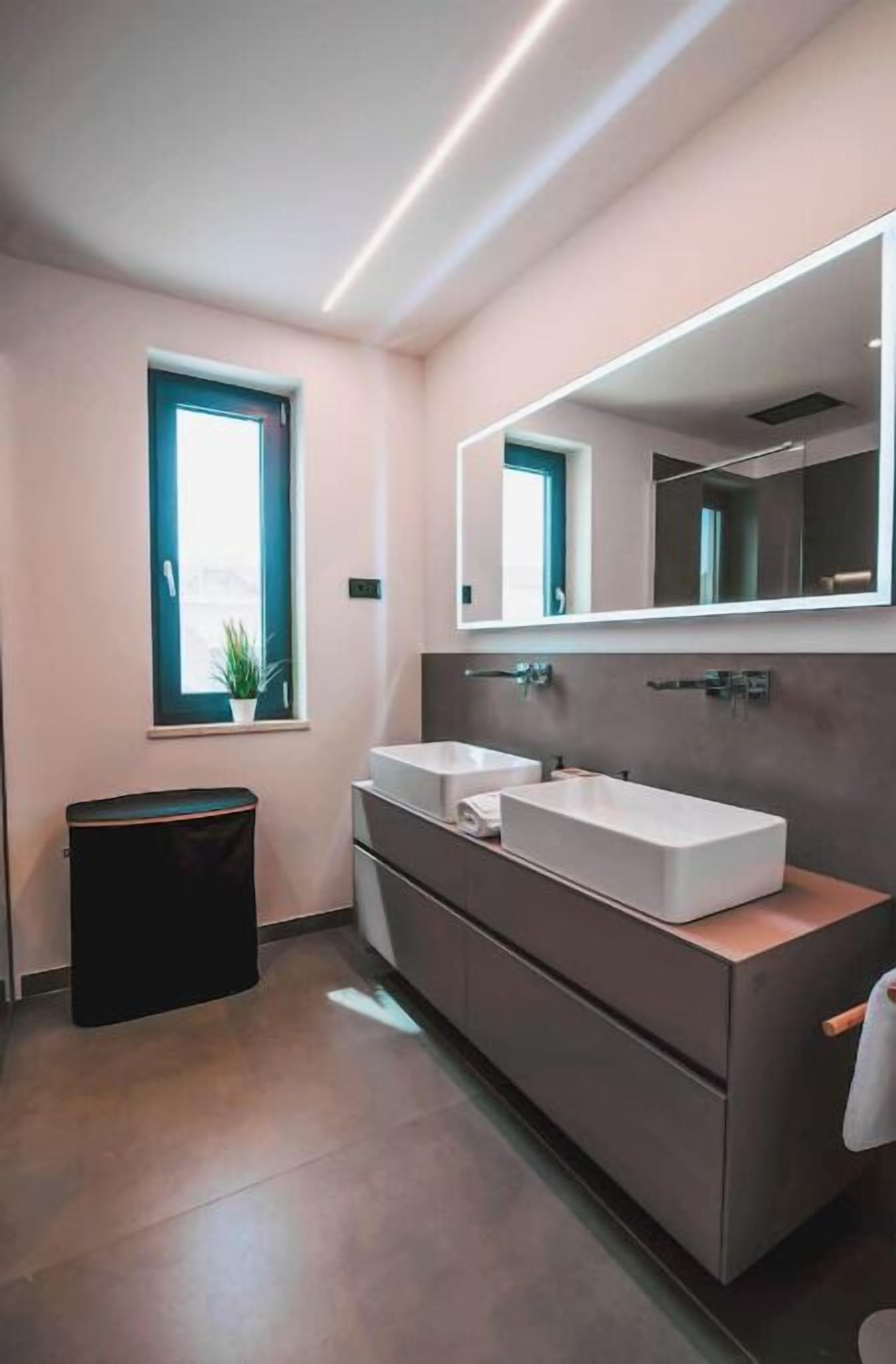 A modern bathroom with two sinks, a large mirror, and a window with a plant.