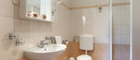 Une salle de bain avec un lavabo, des toilettes et une douche.