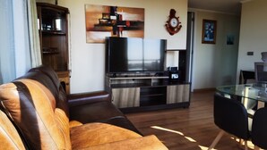A living room with a leather sofa, a TV, a wooden cabinet, and a glass dining table. - Charming 1-bedroom apartment in Concepción with WiFi access (Concepción)