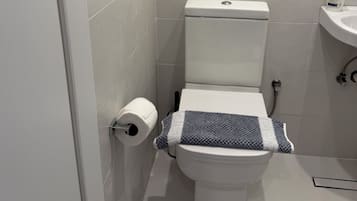 Un inodoro con una toalla, un dispensador de papel higiénico y un secador de manos.