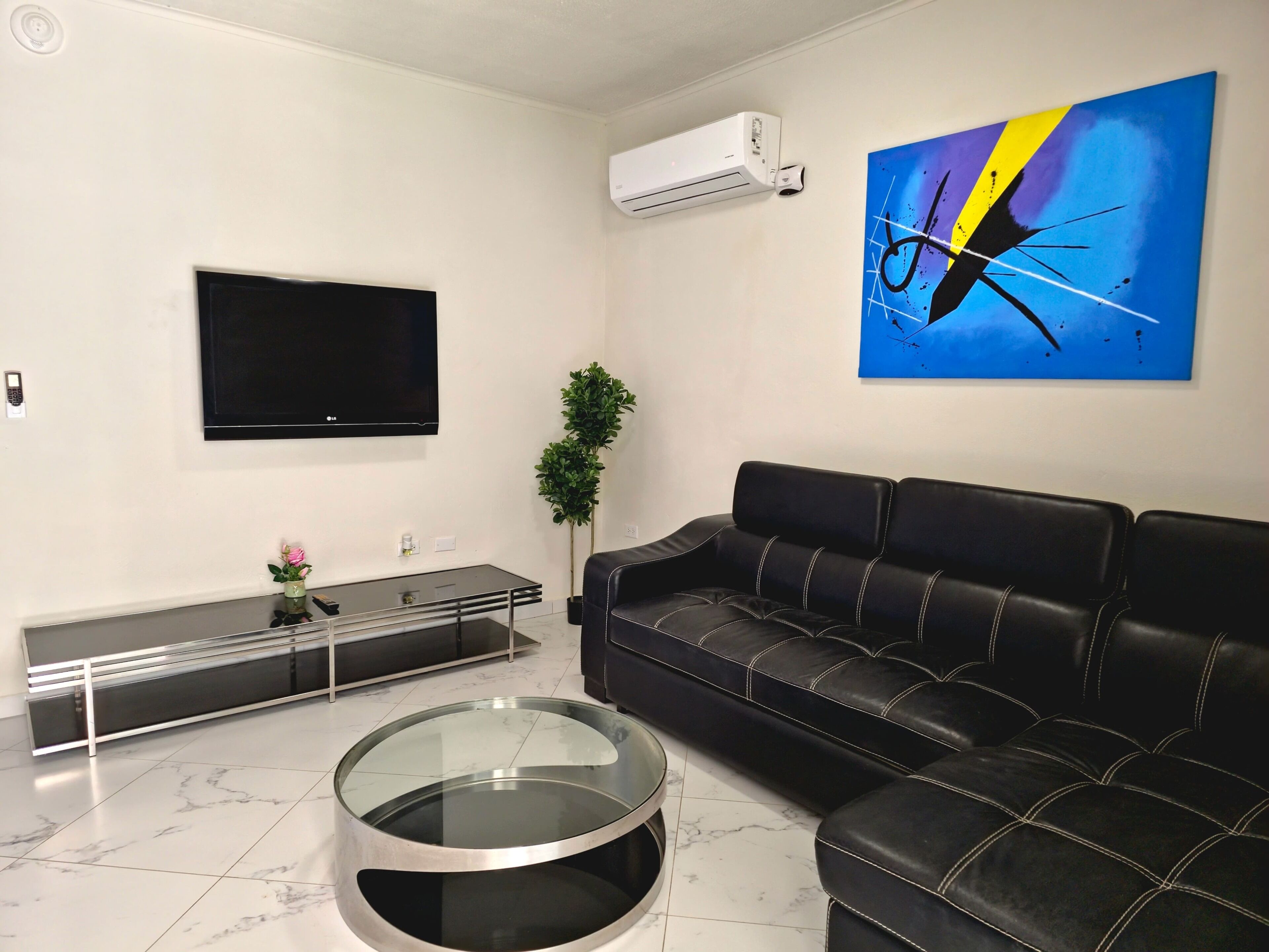 A modern living room with a black leather sofa, a glass coffee table, a flat-screen TV, a small plant, and a painting on the wall.