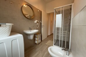 Shower, hair dryer, bidet, towels
