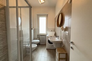 Shower, hair dryer, bidet, towels