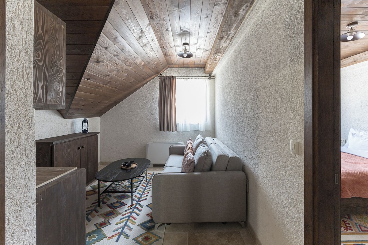 A compact, rustic room with a sloped ceiling, a sofa, a small table, and a patterned rug.
