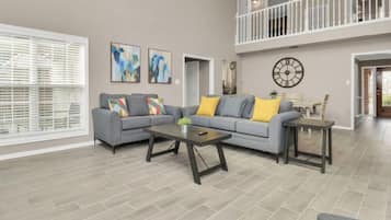 Smart TV, chimenea y oficina